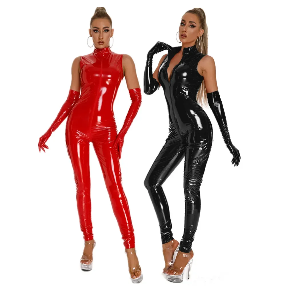 Leather Work Overalls - Sexy macacão de couro falso com